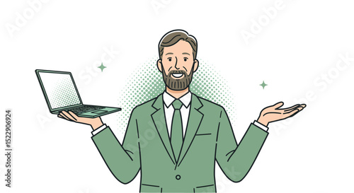 Smiling caucasian male adult holding laptop and gesturing in green suit with confidence vector illustration