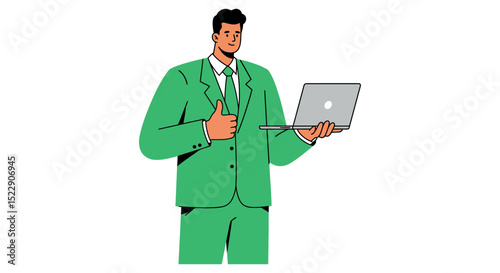 Young caucasian male professional in green suit holding laptop and giving thumbs up vector illustration
