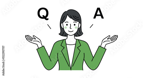 Female cartoon character illustrating questions and answers concept with green blazer vector illustration