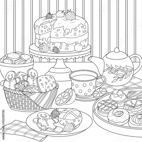 Vector illustration, table with a large assortment of confectionery products
