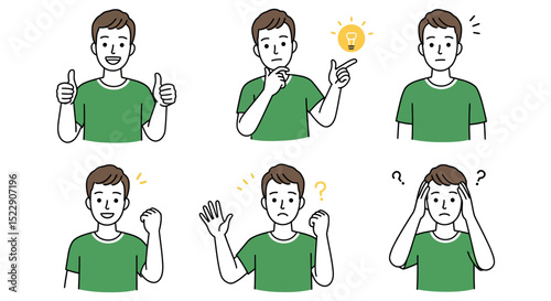 Caucasian male adult displays six facial expressions: thumbs up, thinking, surprised, waving, confused, worried vector illustration