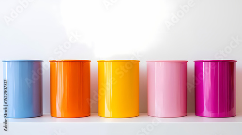 Five colorful cylindrical containers are neatly arranged in a row on a white shelf against a plain white background.