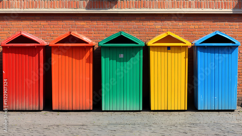 Five colorful, vertical sheds with triangular roofs stand against a brick wall in a row.