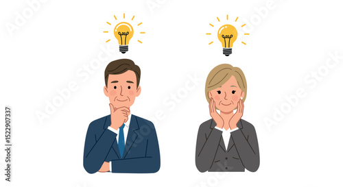Business professionals having creative ideas: male and female with light bulbs icon vector illustration
