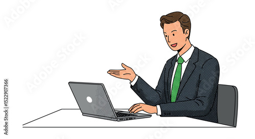 Animated young caucasian male professional gesturing while working on laptop vector illustration
