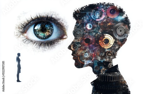 Conceptual abstract inspector on the left a silhouette crafted from interlocking mechanical and analytical elements like gears