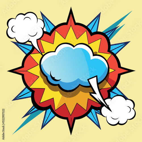 Comic Book Explosion Cloud Design with Red, Yellow, and Blue Starburst Effects