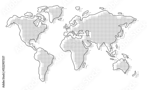 The Dotted World Map with All Continents, using a Halftone and Circles Pixel Design Sty, ideal for web, business, and infographics, cloud, network, infrastructure and AI technology vector background