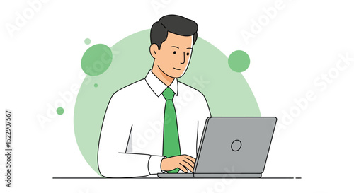 Young caucasian male professional working on laptop with green tie vector illustration