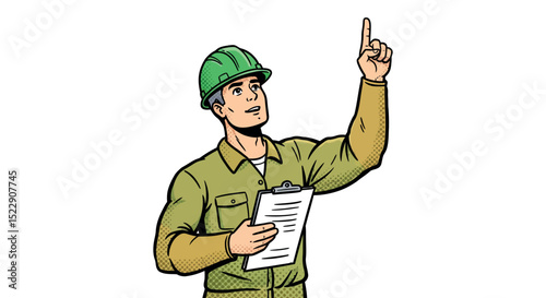 Caucasian male adult engineer in hard hat with clipboard pointing upward vector illustration