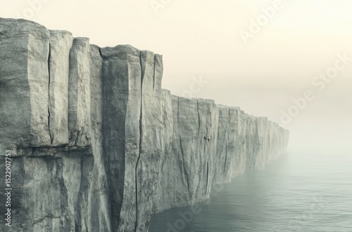 Conceptual canyon artwork, placed on the left stylized vertical cliffs made of fragmented geometric forms in earthy tones