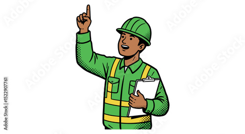 Hispanic male construction worker holding clipboard and pointing upward in safety gear vector illustration