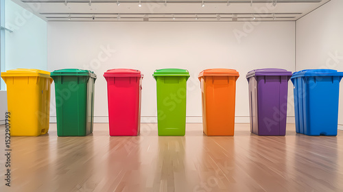 Seven colorful recycling bins are neatly lined up in a bright, modern room with a wooden floor and white walls.