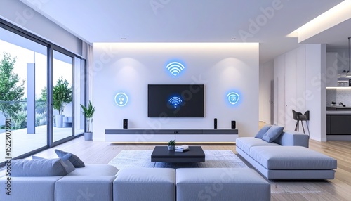 Modern living room with TV, sofa, and large windows; glowing wifi symbols above screen