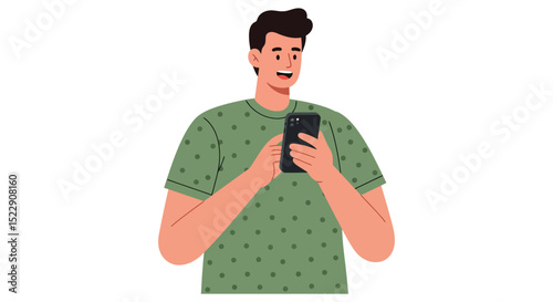 Young caucasian male using smartphone in green polka dot shirt smiling vector illustration