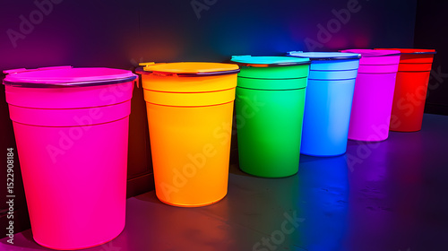 Six brightly colored trash bins are lined up against a wall, each glowing in a different neon hue under vibrant lighting.