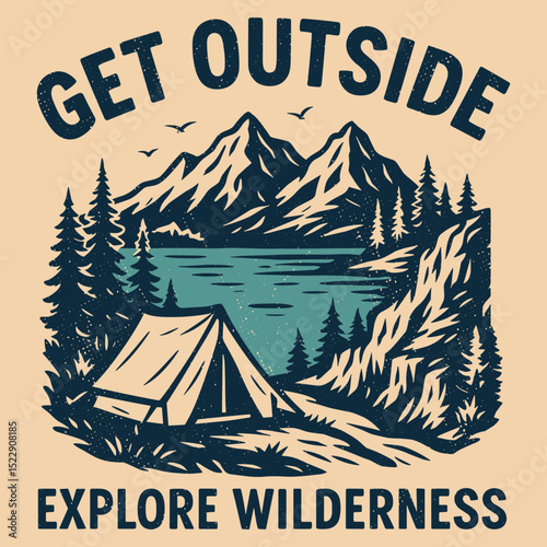 Vintage Outdoor Camping Badge – Wilderness Adventure with Tent, Mountains & Lake
