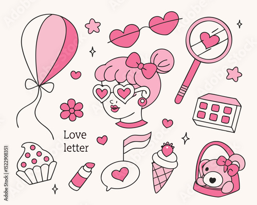 Cute pink girl and love themed doodle set