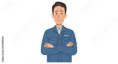 Worried mature caucasian male in blue jacket with folded arms illustration vector illustration