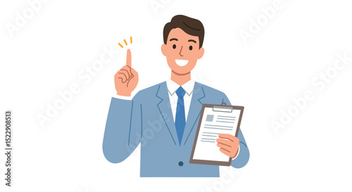 Young caucasian male businessperson with clipboard pointing upward vector illustration