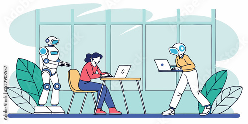 Woman working with two robots in modern office