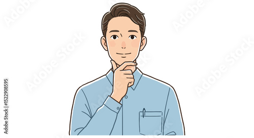 Thoughtful young asian male character in light blue shirt vector illustration