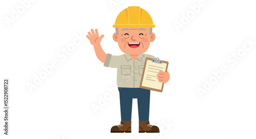 Elderly caucasian male construction worker cartoon with hard hat and clipboard vector illustration
