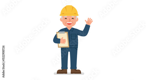 Caucasian male elderly engineer cartoon with hard hat and clipboard vector illustration