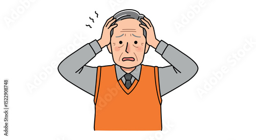 Elderly caucasian male cartoon character expressing stress with hands on head vector illustration