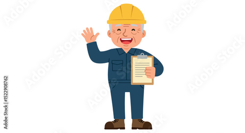 Elderly caucasian male construction worker cartoon with hard hat and clipboard vector illustration