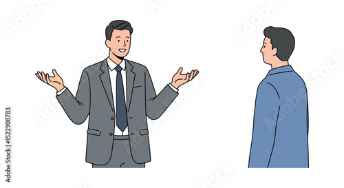 Business conversation between two young caucasian males in formal suits vector illustration