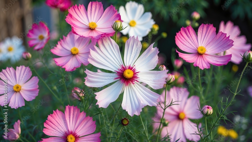 Fototapeta premium Colorful Cosmos Flower - Beautiful Pink White Flower In Backyard Garden with empty copy space for text
