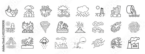 Disaster, weather hazard line icon set. Natural and environmental calamities, wildfire, earthquake, tornado, flood, water pollution, tsunami, volcanic eruption, blizzard linear vector illustration.