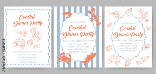 Hand drawn coastal seafood dinner invitation. Lobster, shrimp, crab, oyster, shell, ocean elements. Elegant nautical party card with sea animal doodles. Vector flat line illustration for beach-themed 