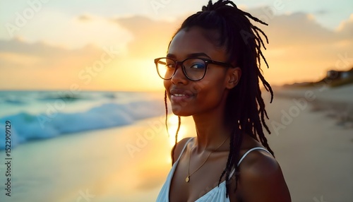 A young, beautiful African-American woman with dreadlocks wearing spectacles, at a beach during sunset in summer, wearing a white sundress.