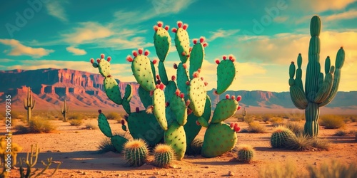 Prickly Pear Cactus On Desert at Sunset with Mountain Background