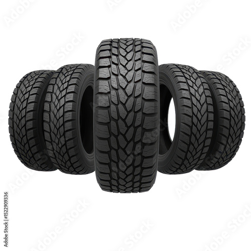 A close up of four different tires. The tires are black and have a rugged appearance. Concept of ruggedness and durability