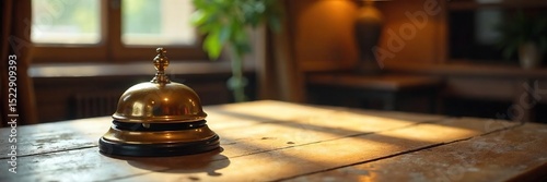 A vintage brass hotel bell sits on a worn wooden table, ready to summon service Sunlight streams through a nearby window, casting a warm glow on the polished surface , vintage, still life