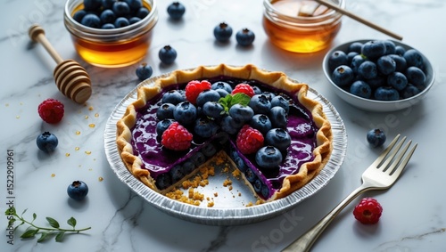 Tasty homemade pie with blueberries, fresh berries, honey, and fork on white marble table, flat lay. Space for text photo