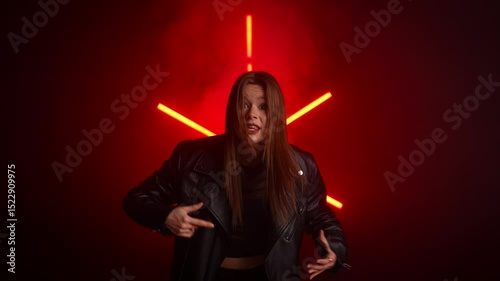 Young Woman in Leather Jacket with Neon Red Lights Background