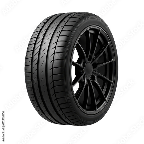 A close-up of a black and white tire with a white rim. The tire is a part of a car and is the main focus of the image. The tire is well-defined and the contrast between the black