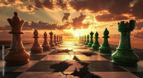 A cracked chessboard symbolizes conflict, stretching towards the horizon.
