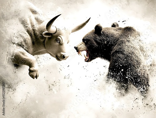 Intense bull vs. Fierce bear arena showdown digital art dramatic atmosphere closeup view emotional conflict