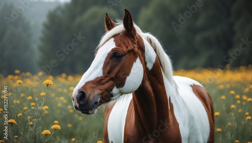 A beautiful white and brown paint horse looking off to the side while standing in a meadow full of pretty yellow flowers.