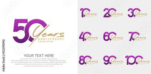 Anniversary logo set vector design, purple and gold color for celebration event