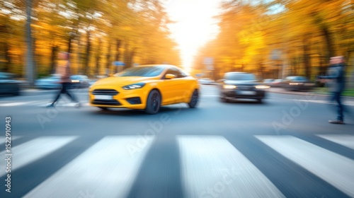 Yellow car crossing pedestrian street autumn