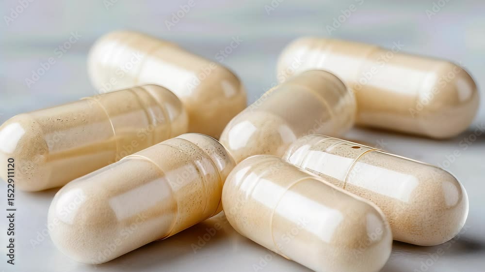 Close-up of Beige Capsules: Dietary Supplements, Vitamins, or Medication for Health and Wellness on a Light Background Close-up of Beige Capsules: Dietary Supplements, Vitamins, or Medication for Health and Wellness on a Light Background
