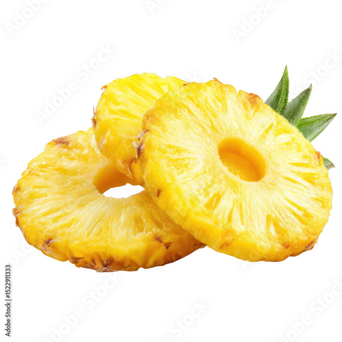 Pile of fresh pineapple slices with green leaves isolated on transparent background
