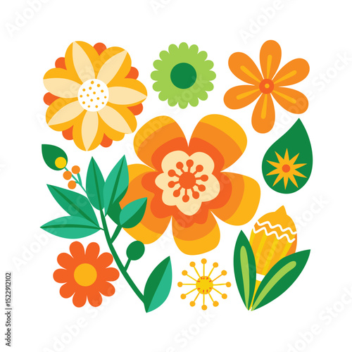 Colorful floral design with stylized flowers and leaves illustration