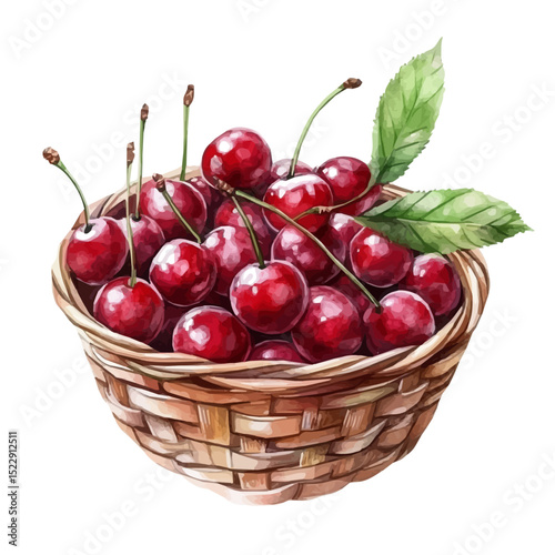 watercolor of Cherry Fruit Basket, vector high quality, isolated on a white background.